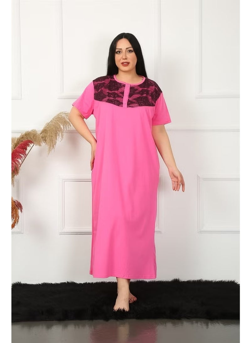 Akbeniz Big Lace Short Sleeve Fuchsia Mother Nightgown 1348 - Image 1